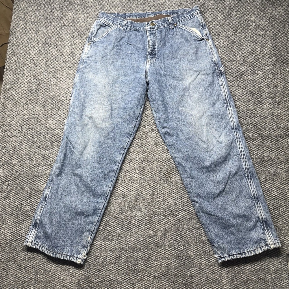 Wrangler Fleece Lined Denim Baggy Carpenter Faded Blue Jeans Work Utility 34x30